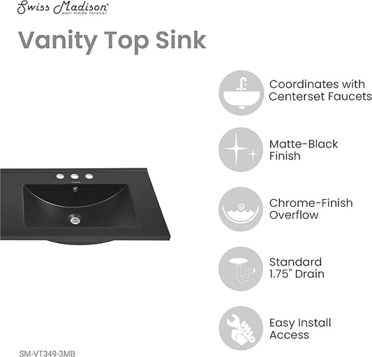 48" Ceramic Vanity Top Double Basins in Matte Black with 3 Holes