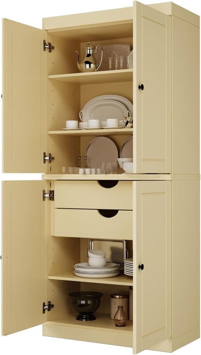 Palace Imports Solid Wood Kitchen Pantry Cabinet - 71.5" H x 32" W Tall Storage Cupboard - Yellow, Adjustable Shelves & 2-Drawer Kit, Freestanding, 100% Renewable Eco-Friendly Wood, Made in Brazil