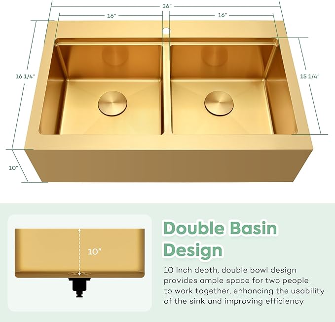 Gold Farmhouse Kitchen Sink 36 x 22 Drop In, 50/50 Double Bowl Farm Sinks, 16 Gauge Stainless Steel Workstation Sink with Ledge & Accessories, 36" x 22" x 10" Large and Deep Double Sink