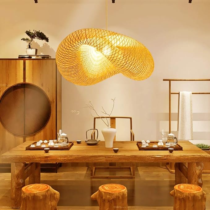 GCQ Bamboo Lantern Pendant Lamp, Retro Japanese Style E27 Chandelier Hanging Light Ceiling Lighting Fixture for Living Room Bedroom Restaurant Cafe Teahouse Bar Dining Room Club