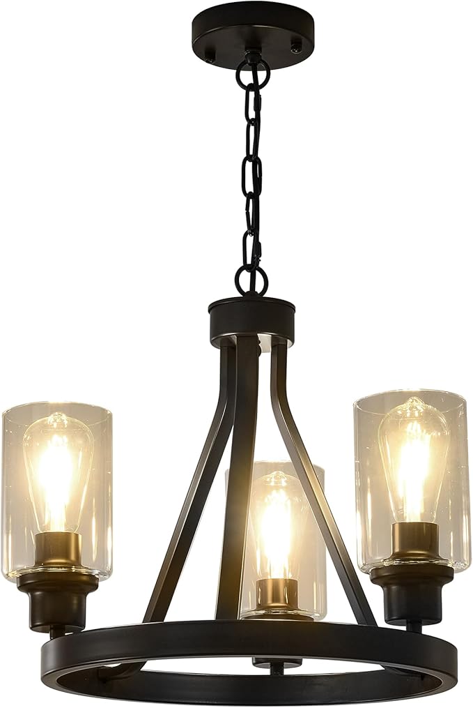 Bronze Chandelier,Farmhouse Chandelier Lighting Round 3 Lights with Glass Shade Ceiling Hanging Vintage Rustic Light Fixture for Dining Room Living Room Foyer Porch Kitchen Island