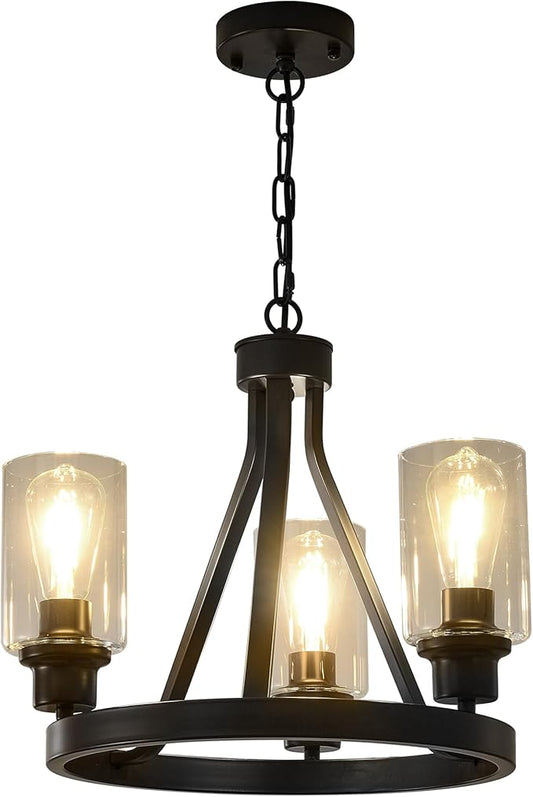 Bronze Chandelier,Farmhouse Chandelier Lighting Round 3 Lights with Glass Shade Ceiling Hanging Vintage Rustic Light Fixture for Dining Room Living Room Foyer Porch Kitchen Island