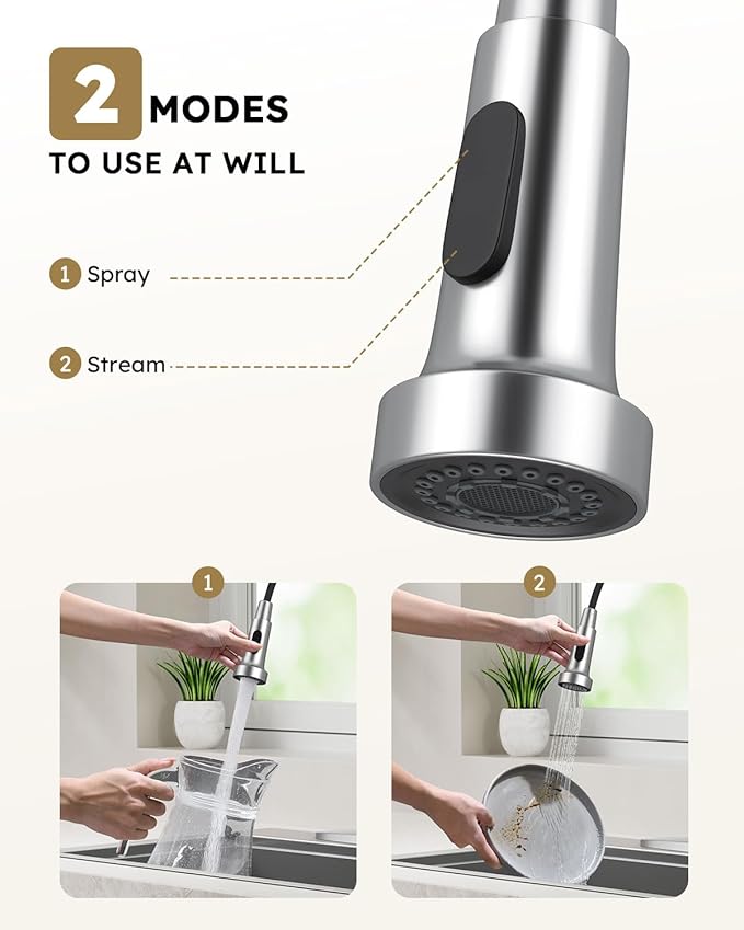 Arofa Kitchen Faucet with Pull Down Sprayer, Brushed Nickel Kitchen Sink Faucet 1-3 Hole Single Handle High Arc Stainless Steel Commercial Modern Kitchen Faucets for RV/Laundry/Outdoor/Bathroom Sink