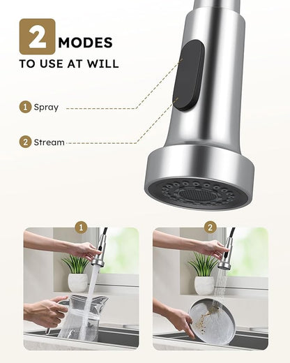 Arofa Kitchen Faucet with Pull Down Sprayer, Brushed Nickel Kitchen Sink Faucet 1-3 Hole Single Handle High Arc Stainless Steel Commercial Modern Kitchen Faucets for RV/Laundry/Outdoor/Bathroom Sink