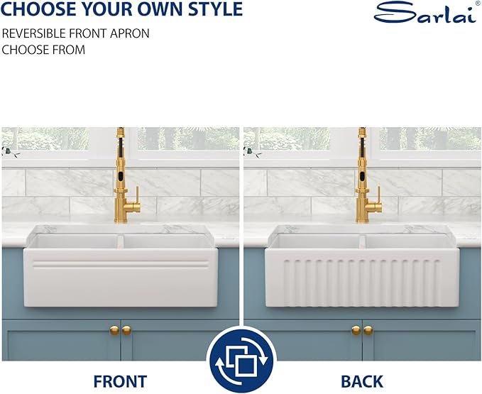 Sarlai 33 White Farmhouse Sink Double Bowl - 33x18 Inch Kitchen Sink Apron Front Double Bowl 50/50 White Porcelain Ceramic Fireclay Kitchen Farm Sinks