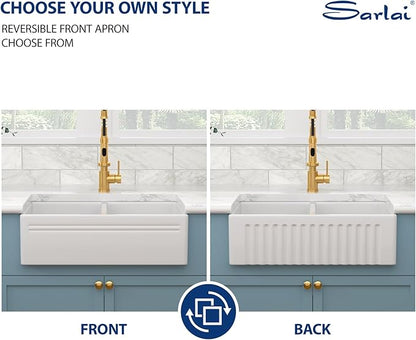 Sarlai 33 White Farmhouse Sink Double Bowl - 33x18 Inch Kitchen Sink Apron Front Double Bowl 50/50 White Porcelain Ceramic Fireclay Kitchen Farm Sinks