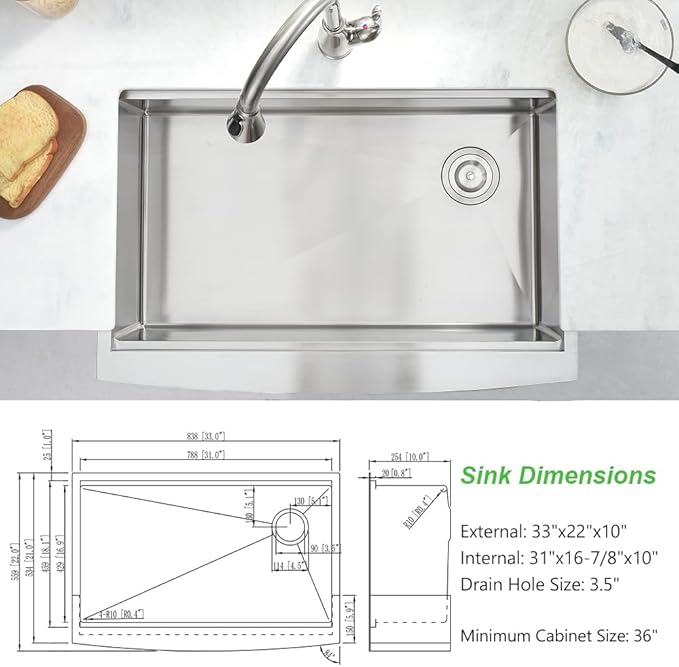 33 Inch Farmhouse Sink For Kitchen, 33x22 Inch Stainless Steel Farm Sink Undermount Apron Front 16 Gauge Single Bowl Workstation Kitchen Sink
