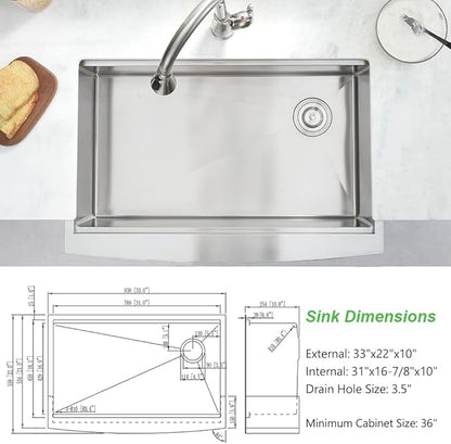 33 Inch Farmhouse Sink For Kitchen, 33x22 Inch Stainless Steel Farm Sink Undermount Apron Front 16 Gauge Single Bowl Workstation Kitchen Sink