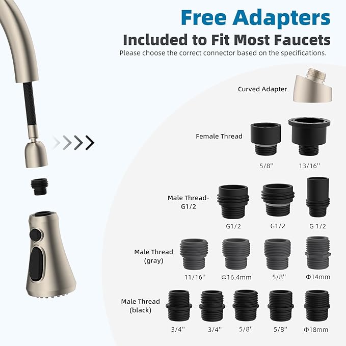 Hibbent Pull Down Kitchen Faucet Head Replacement, NSF/ANSI/CAN 61 & CUPC Certified 3-Function Sink Spray Nozzle with 15 Adapters Compatible with Moen, Delta, Kohler Faucets, Brushed Nickel