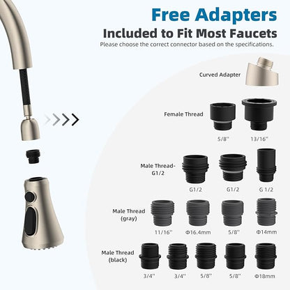 Hibbent Pull Down Kitchen Faucet Head Replacement, NSF/ANSI/CAN 61 & CUPC Certified 3-Function Sink Spray Nozzle with 15 Adapters Compatible with Moen, Delta, Kohler Faucets, Brushed Nickel