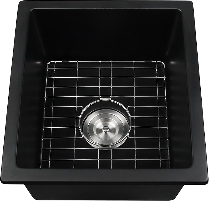 Black Bar Sink Undermount,15 X 17 inch Small Composite Bar Sink,Granite Kitchen & Bar Sinks (Black, 15" X 17")