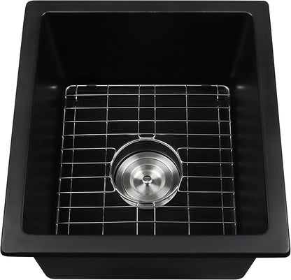 Black Bar Sink Undermount,15 X 17 inch Small Composite Bar Sink,Granite Kitchen & Bar Sinks (Black, 15" X 17")