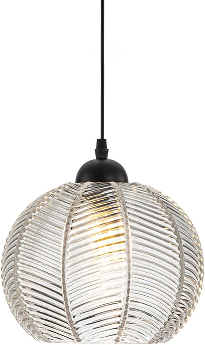 Clear Glass Pendant Light Vintage Hanging Light Fixture with Clear Ribbed Glass Shade Mid Century Modern Pendant Lighting for Kitchen Island Dining Living Room Bedroom Farmhouse