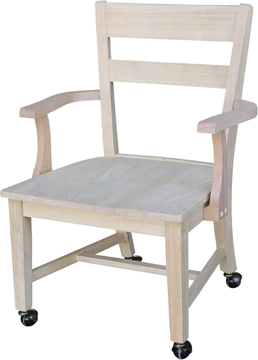 IC International Concepts, Solid Wood Dining Chair with Casters, Unfinished, 225lbs wt capacity, Solid Real Wood, Sturdy Parawood, DIY, Paint/Stain Ready, Unfinished