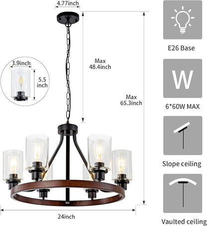 Lanhall 6-Light Farmhose Chandelier for Dining Room Light Fixture Faux Wood Kitchen Pendant Light Round Rustic Ceiling Hanging Lighting with Glass Globes Adjustable Height Metal E26