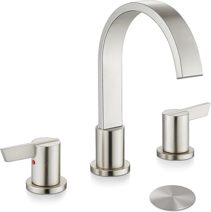 Midanya 8 inch Widespread Bathroom Sink Faucet,Modern Waterfall 3 Hole 2 Handles Bathroom Faucet 8" Vanity Faucets with Pop Up Drain and Water Supply Lines,Brushed Nickel