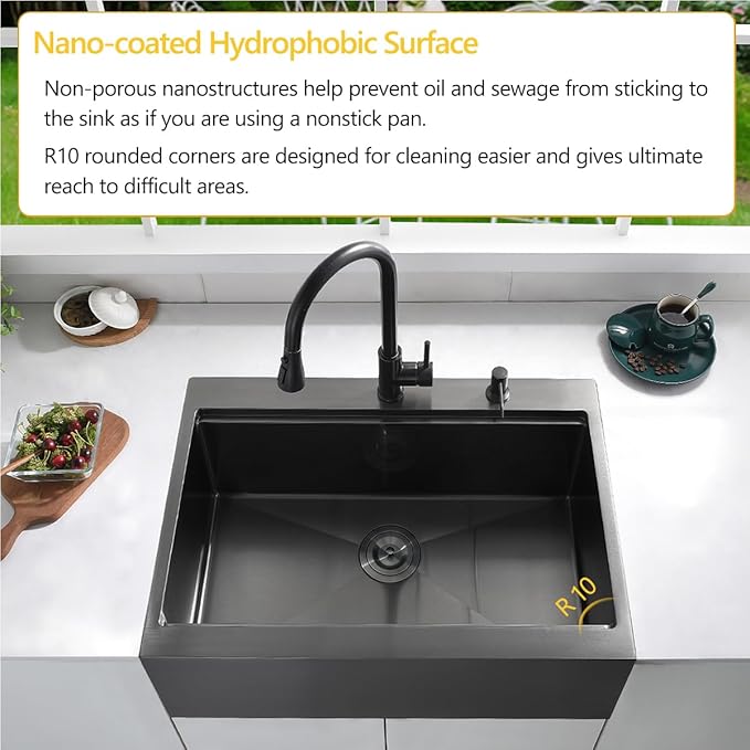 28 Black Drop In Farmhouse Kitchen Sink, Luckyhorse 16 Gauge Nano Black Stainless Steel 28x22 Inches Drop In Topmount Workstation Kitchen Farmhouse Sink With Apron Front LH008SZ