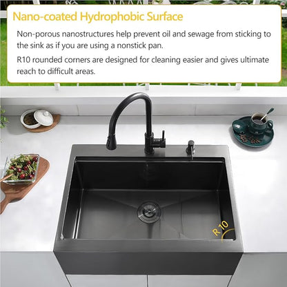 28 Black Drop In Farmhouse Kitchen Sink, Luckyhorse 16 Gauge Nano Black Stainless Steel 28x22 Inches Drop In Topmount Workstation Kitchen Farmhouse Sink With Apron Front LH008SZ
