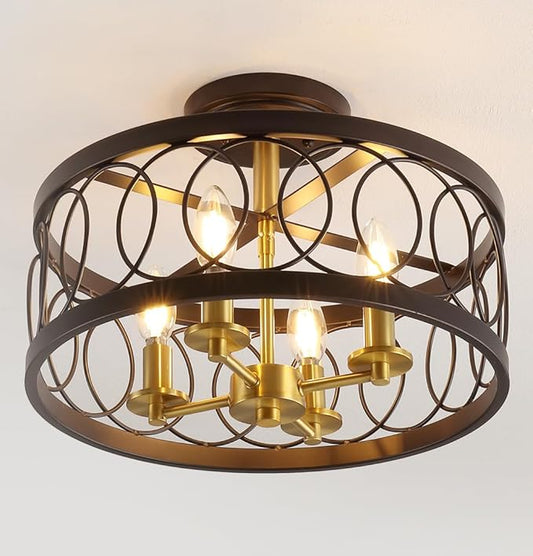 JONATHAN Y 15.5" Oil Rubbed Bronze/Brass Gold 4-Light Metal LED Semi-Flush Mount Ceiling Light, Metal Fretwork Shade for Bedroom Entryway Hallway, Traditional Round Dimmable Fixture (JYL9040B)