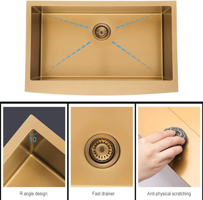 36 Farmhouse Sink Gold - Lordear 36 inch Kitchen Sink Apron Front 16 Gauge Matte Gold Stainless Steel Deep Single Bowl Farm Sinks Basin