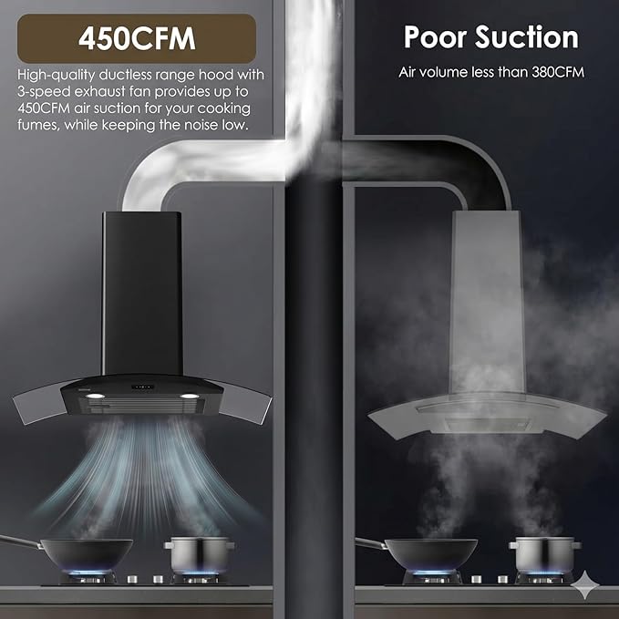 30 Inch Wall Mounted Curved Glass Black Range Hood with 450 CFM Stainless Steel kitchen Ductless/Ducted Convertible with 3 Speeds Extract Fan & Touch Control