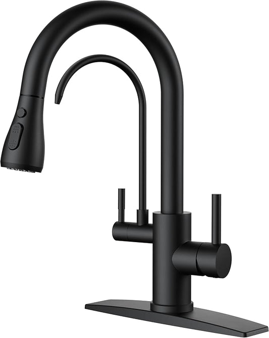 FORIOUS Black Kitchen Faucets with Water Filter, 2 in 1 Stainless Steel Pull Down Sink Faucet and Purified Water Faucet Rustic High Arc Single Handle with Detachable Deck for 1 or 3 Hole