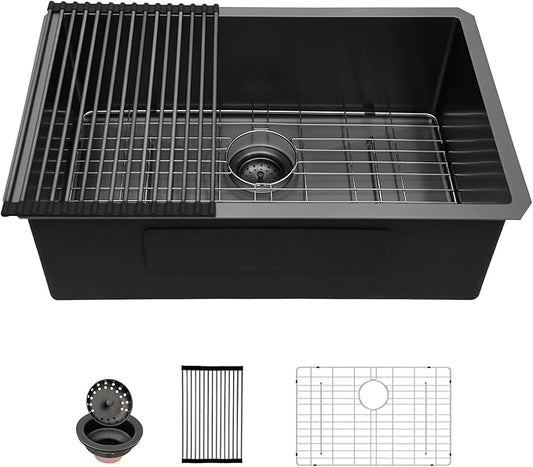 Sarlai 28 Black Kitchen Sink Undermount - 28 x 18 Inch Kitchen Sink Gunmetal Black 16 Gauge Stainless Steel Single Bowl Undermount Kitchen Sinks Basin