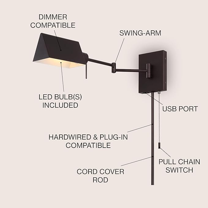 JONATHAN Y 22" Oil Rubbed Bronze 1-Light Swing Arm Wall Sconce, Plug-in or Hardwired with USB Charging Port and Pull Chain, Iron Shade, Industrial LED Reading Lamp JYL6015A