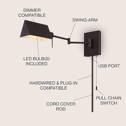 JONATHAN Y 22" Oil Rubbed Bronze 1-Light Swing Arm Wall Sconce, Plug-in or Hardwired with USB Charging Port and Pull Chain, Iron Shade, Industrial LED Reading Lamp JYL6015A