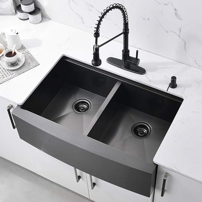 33 Inch Black Double Bowl Farmhouse Sink Workstation, 16 Gauge Stainless Steel 50/50 Double Bowl Kitchen Sink, 33x22 Farmhouse Apron Front Low Divided Farm Sink