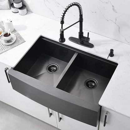 33 Inch Black Double Bowl Farmhouse Sink Workstation, 16 Gauge Stainless Steel 50/50 Double Bowl Kitchen Sink, 33x22 Farmhouse Apron Front Low Divided Farm Sink