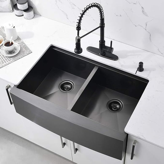 33 Inch Black Double Bowl Farmhouse Sink Workstation, 16 Gauge Stainless Steel 50/50 Double Bowl Kitchen Sink, 33x22 Farmhouse Apron Front Low Divided Farm Sink