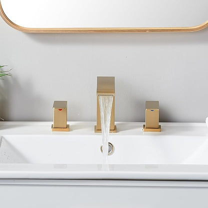 Brushed Gold Bathroom Sink Faucet, 3 Hole Waterfall Bathroom Faucet, 2 Handle Vanity Bath Faucets, Modern Bathroom Faucet with Supply Hoses and Drain