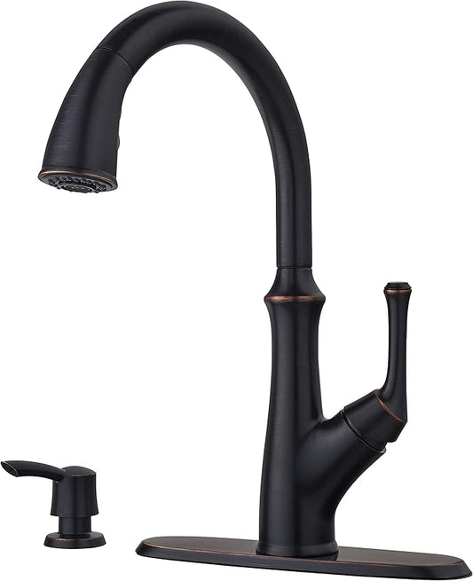 Pfister Tamera Kitchen Faucet with Pull Down Sprayer and Soap Dispenser, Single Handle, High Arc, Tuscan Bronze Finish, F5297TAY