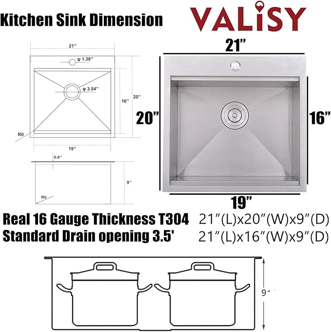 Drop In Kitchen Sink, 21x20 Inch Bar Sink Workstation Stainless Steel Outdoor Topmount Small Sinks, 16 Gauge Single Bowl Kitchen Sinks for Laundry Office Wet Bar Prep RV Yard with Accessories