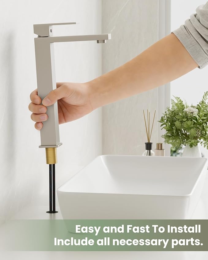gotonovo Vessel Sink Faucet Single Handle Tall Bathroom Faucet One Hole Modern Lavatory Vanity Basin Mixer Tap Matching Supply Hoses and Pop up Drain Without Overflow, Brushed Nickel
