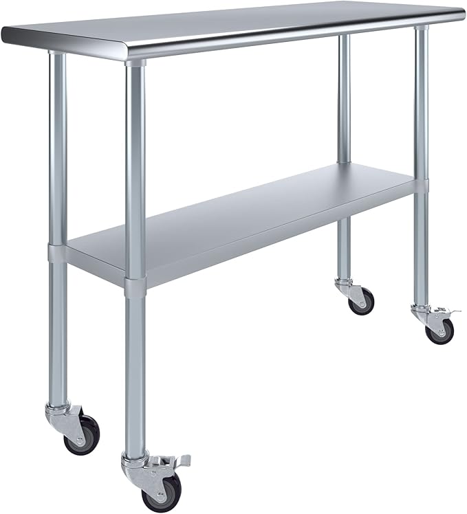 Stainless Steel Work Table with Wheels | NSF Kitchen Island Food Prep | Laundry Garage Utility Bench (Table + Wheels, 48" Long x 18" Deep)