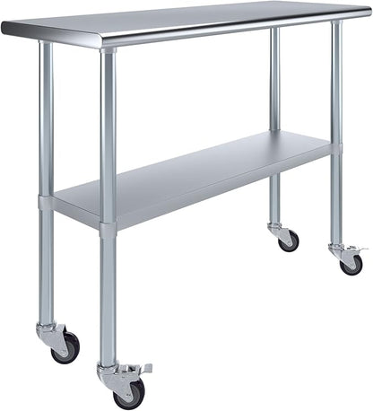 Stainless Steel Work Table with Wheels | NSF Kitchen Island Food Prep | Laundry Garage Utility Bench (Table + Wheels, 48" Long x 18" Deep)