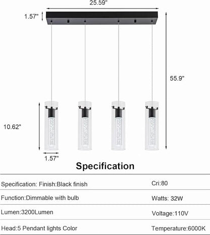 Pendant Light fixtures, Integrated 4-Light Pendant Lighting Black Finish, Dimmable Pendant Lights Kitchen Restaurant, Dining Room