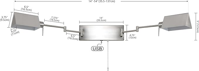 JONATHAN Y 54" Nickel 2-Light Double Swing Arm LED Wall Sconce, Industrial Farmhouse Iron Wall Lamp with Pull-Chain, USB, Metal Shades (JYL6016B)