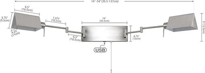 JONATHAN Y 54" Nickel 2-Light Double Swing Arm LED Wall Sconce, Industrial Farmhouse Iron Wall Lamp with Pull-Chain, USB, Metal Shades (JYL6016B)