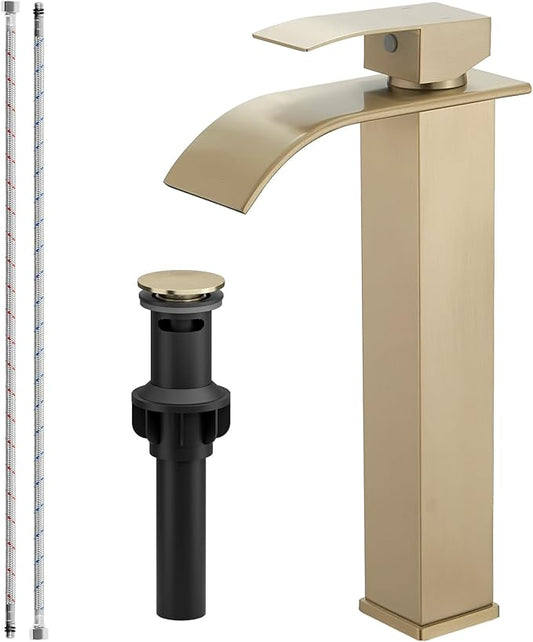 Vessel Sink Faucet Brushed Gold Waterfall Spout Faucet for Bathroom Sink Tall Single Handle One Hole Deck Mount Bowl Vanity Sink Taps with Pop-up Drain Stopper