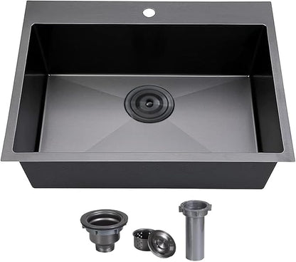 VCCUCINE 28x18 Inch Black Top Mount Drop in Kitchen Sink, Gunmetal Black Modern Square Single Bowl Stainless Steel Basin Topmount Kitchen Sink,16 Gauge Overmount Metal Laundry Sink with Strainer