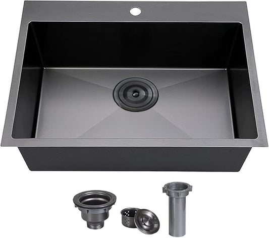 VCCUCINE 28x18 Inch Black Top Mount Drop in Kitchen Sink, Gunmetal Black Modern Square Single Bowl Stainless Steel Basin Topmount Kitchen Sink,16 Gauge Overmount Metal Laundry Sink with Strainer