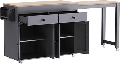 74.5" inch Rolling Kitchen Island with Extendable Dining Table with Extendable Dining Table for 2-4 with Spice Rack and 2 Drawers, Kitchen Storage with 4 Door Cabinet (Grey)