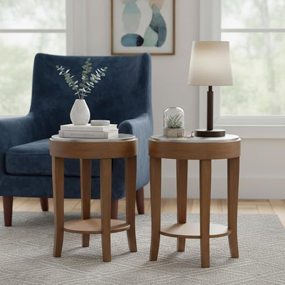 SUNBURY Farmhouse End Table with Open Storage Shelves, 16" W Round Wood Side Table, MDF Accent Nightstand for Living Room, Bedroom, and Dining Room (Dark Gray & Rustic Brown)