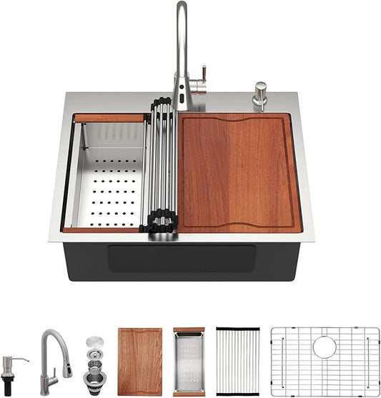 Dcolora 25 In. Drop In Kitchen Sink With Faucet Topmount Wet Bar Sink Workstation Stainless Steel Small Kitchen Sinks Single Bowl 25"×20"×10"