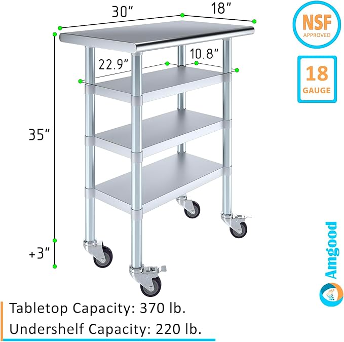 AmGood Stainless Steel Work Table with 3 Shelves and Casters | Kitchen Island Food Prep | Laundry Garage Utility Bench | NSF Certified (30" Long x 18" Deep)