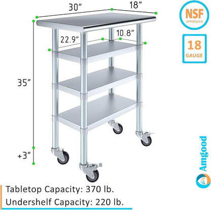 AmGood Stainless Steel Work Table with 3 Shelves and Casters | Kitchen Island Food Prep | Laundry Garage Utility Bench | NSF Certified (30" Long x 18" Deep)