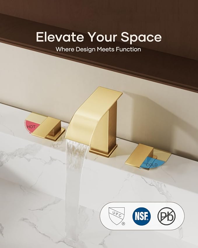 AVSIILE Waterfall Bathroom Faucet 3 Hole, Brushed Gold 8 Inch Widespread Modern 3 Piece Bathroom Sink Faucet, Touch On Lavatory Faucet for Vanity RV Restroom, Curved Spout